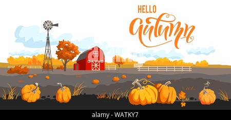 Herbst Landschaft Landschaft. Ländliche Abbildung mit Kürbissen, Krähen und Scheune. Saisonale Ernte Banner. Hallo herbst Schriftzug Stock Vektor