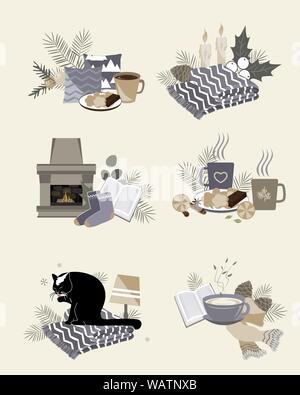 Cute Vector Illustration von Herbst und Winter hygge Elemente Kompositionen auf weißem Hintergrund Stock Vektor