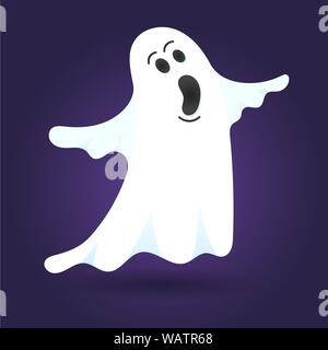 Cute ghost Charakter Flat Style Design Vector Illustration auf dunklem Hintergrund. Halloween boo spooky Symbol über dem Boden fliegen. Stock Vektor