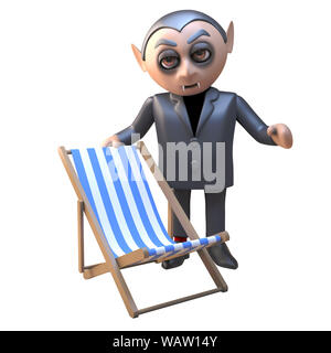 Lustiges 3d cartoon Vampir Dracula Charakter bietet seinen Liegestuhl, 3d-Grafik rendern Stockfoto