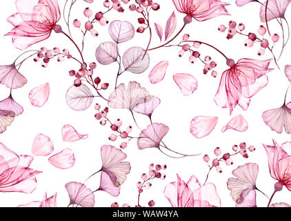 Transparente rose watercolor nahtlose Muster. Hand floraler Abbildung mit fallenden Blütenblättern für Hochzeit Design, Oberfläche, Textilien, Tapeten gezeichnet Stockfoto