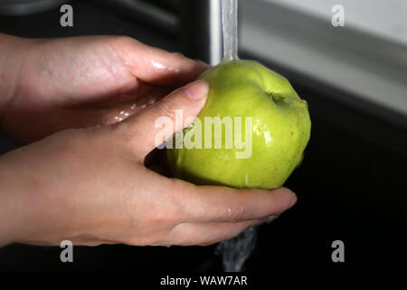 Frau wäscht ein grüner Apfel unter Wasser. Konzept der Hygiene, saubere Frucht in weibliche Hände Stockfoto