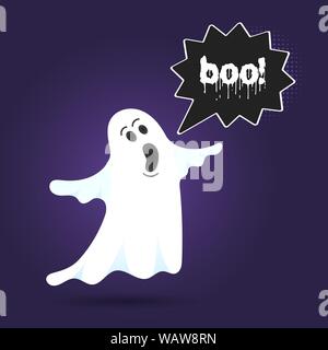 Flying halloween Lustige spooky ghost Charakter sagen BUH mit Text in der Sprechblase Vector Illustration auf dunklem Hintergrund isoliert Stock Vektor