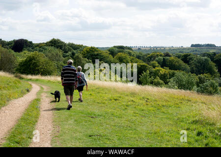 Ein paar Spaziergänge mit Hund, Leckhampton Hill, in der Nähe von Cheltenham Spa, Gloucestershire, England, Großbritannien Stockfoto