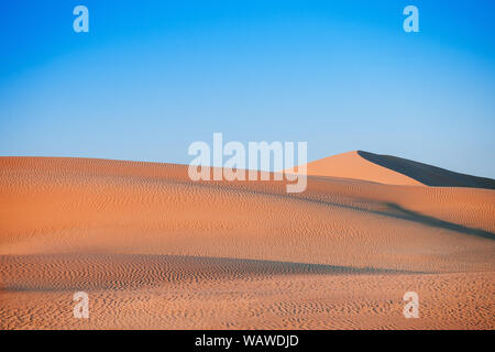 Leere exotischen sand Dünenlandschaft in Al Wathba Wüste unter Abendlicht mit klaren Himmel. Vase Landschaft in der Nähe von Dubai - Abu Dhabi, VAE Stockfoto