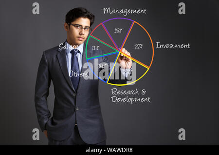 Ein junger Geschäftsmann berührt ein Tortendiagramm auf einem Touchscreen Stockfoto
