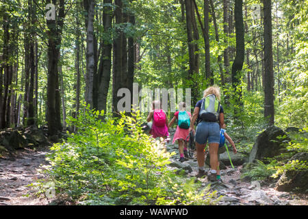 Menschen und Familien Wandern auf dem steinigen Weg an die Spitze der Berg Sleza in Niederschlesien, nachdem sie aus dem polnischen Dorf Sobotka Polen ging Stockfoto