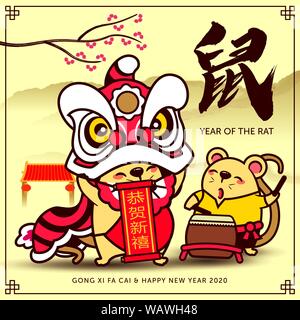 Happy Chinese New Year 2020. Das Jahr der Ratte. Lion Dance mit Blättern und kleine Ratte gespielt. Übersetzung: das Jahr der Ratte. Frohes neues Jahr (Sc Stock Vektor