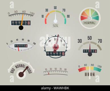 Einrichten des Messgeräts angezeigt, Pfeil und Skala auf der METER-Seite der Konjunkturindikator, sumlog Symbole, Vector Logo Design. Stock Vektor