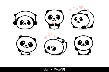 Freundlich und niedliche Pandas. Chinesische Symbole tragen. Cartoon panda logo Vorlage Sammlung. Isolierte Vector Illustration. Stock Vektor