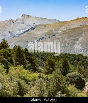 Wanderer mit Rucksäcken hinauf zum Pico veleta Gipfel, Sierra Nevada, in der Sommersaison. Granada, Andalusien, Spanien. Stockfoto