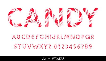 Candy Buchstaben und Zahlen. Süße Lutscher Font. Im Vektor lateinischen Alphabet. Schriftarten für Event, Promo, Logo, Banner, Monogramm und Poster Stock Vektor