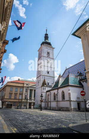 Der barocke Glockenturm der St. Mark's Church, die ursprünglich im 13. Jahrhundert erbaut, Obere Stadt, Zagreb, Kroatien. Stockfoto