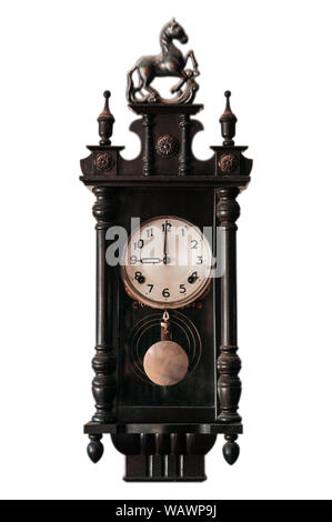 Schöne anitique alten Vintage geschnitztem Holz japanische Pferd Wanduhr hängen auf weißem Hintergrund Stockfoto