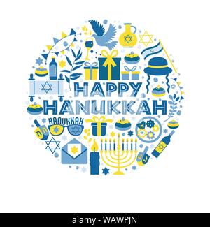 Jüdische Feiertag Hanukkah Greeting Card traditionelle Chanukah Symbole - Holz- dreidels Kreisel und Hebräischen Buchstaben, Donuts, menorah Kerzen, Öl jar Stock Vektor