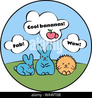 Süße Kaninchen und Igel auf der Wiese mit Schriftzug ihre Träume folgen. Vector EPS 10. Stock Vektor