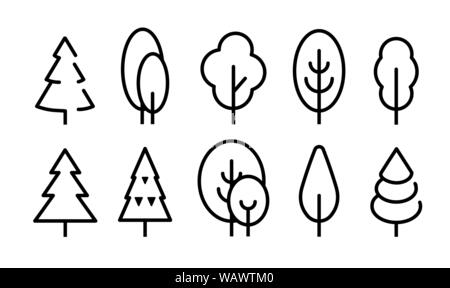 Hohen Baum Vector Icons einstellen. Einfache flache Linie style Icon Design. Natur logo Vorlage. Maßbild Bäume, isolierte Vector Illustration. Stock Vektor