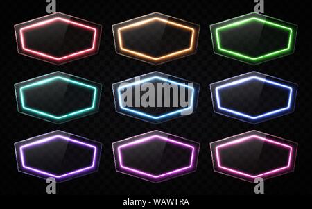 3d Neon Licht Zeichen auf transparentem Hintergrund gesetzt. Stock Vektor