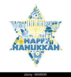 Jüdische Feiertag Hanukkah Greeting Card traditionelle Chanukah Symbole - Holz- dreidels Kreisel und Hebräischen Buchstaben, Donuts, menorah Kerzen, Öl jar Stock Vektor