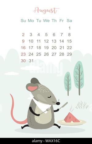 August Monat 2020 Template Design. Kalender 2020 mit lustigen und niedlichen Ratte. Vertikales Layout. Happy animal Charakter Maus frisst Käse. Vektor illustrati Stock Vektor