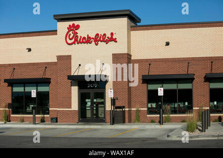 Ein logo Zeichen außerhalb von einem Küken-fil-ein Fast Food Restaurant Lage in Lehi, Utah am 28. Juli 2019. Stockfoto