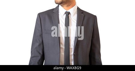 Männliche Körper Teil junge Unternehmer in grauem Anzug und Krawatte stehen isoliert Ausschnitt, gegen den weißen Hintergrund. Stockfoto