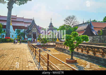 CHIANG MAI, THAILAND - Mai 2, 2019: Die kleine Bäume in Gasse der Ziergarten der Wat Chedi Luang Komplex mit Blick auf den mittelalterlichen Bhuridatto Viharn Stockfoto