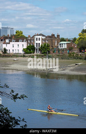 Einen männlichen Ruderer auf der Themse vorbei, im Hintergrund, Ausrichtung auf dem Grün, chiswick, London, England Stockfoto