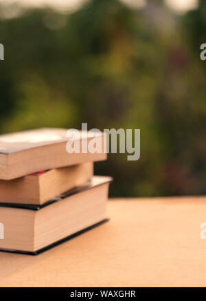 Stapel der Bücher auf einen hölzernen Tisch outdoor Park. Unscharfer Hintergrund Konzept für Teachers' Day mit kopieren. Stockfoto