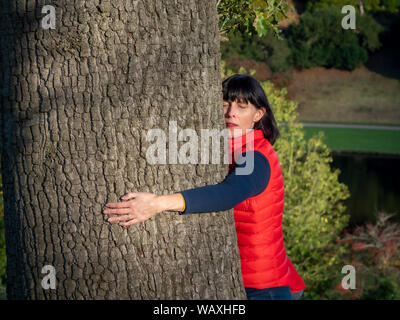 Frau in rot Weste figurbetonte großen Baumstamm Stockfoto