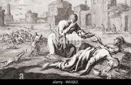 Die Große Pest von London, 1665-1666. Ein Passant bietet Wasser zu einem sterbenden Mann. Während der Ausbrüche der Pest, Elemente, die in diesem 17. Jahrhundert Bild wäre in vielen europäischen Städten aus dem 15. Jahrhundert bis ins 17. Jahrhundert wurden. Stockfoto