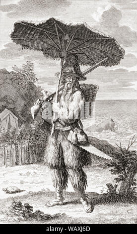 Robinson Crusoe, Titelheld der englische Autor Daniel Defoes 1719 Roman. Daniel Defoe, 1660-1731, war Daniel Foe geboren. Nach einem Jahrhundert der Arbeit von Bernard Picart. Stockfoto