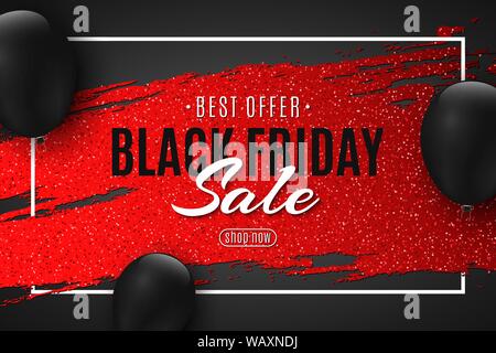 Zusammenfassung Web Banner für Black Friday sale. Red Grunge Brush mit glitzert und schwarzen Luftballons. Design für Ihr Business. Vector Illustration. EPS 10. Stock Vektor