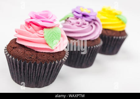 Drei Becher Schokolade Kuchen mit Puderzucker oder Reifbildung, Pink, Lila und Gelb mit grünen Blättern, auf weißem Hintergrund fotografiert. Stockfoto