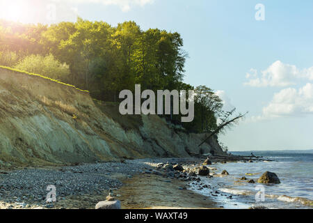 Steine und grünen Bäume Wald auf der Steilküste an der Ostsee, Lübeck hermannshöhe Stockfoto