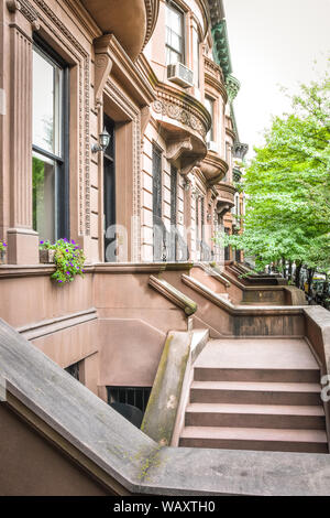 Main Leiter und Eingangstür. New York Harlem Gebäude. Braune Häuser. New York City, USA. Stockfoto