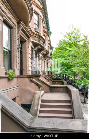 Main Leiter und Eingangstür. New York Harlem Gebäude. Braune Häuser. New York City, USA. Stockfoto