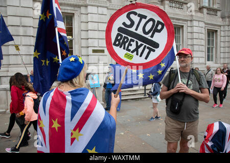 Anti Brexit Demonstranten schwenkten Fahnen der Europäischen Union außerhalb des Cabinet Office in Westminster als innerhalb der Tory Bundeskabinett tagt Brexit am 16. August 2019 in London, England, Vereinigtes Königreich. Stockfoto