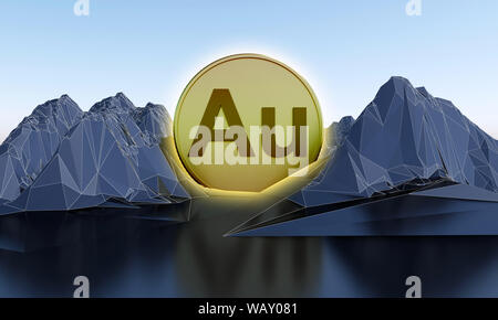 Gold Symbol in Form von Münze in abstrakten Berge. 3D-Rendering Stockfoto