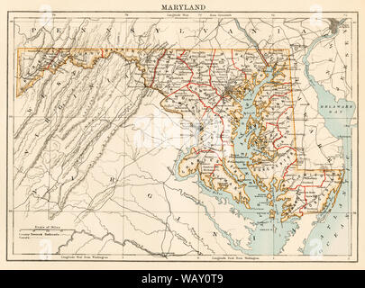 Map of Maryland, 1870s. Color llithograph Stockfoto