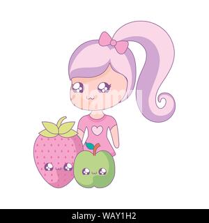 Süße kleine Mädchen mit Früchten kawaii Stil Vector Illustration Design Stock Vektor