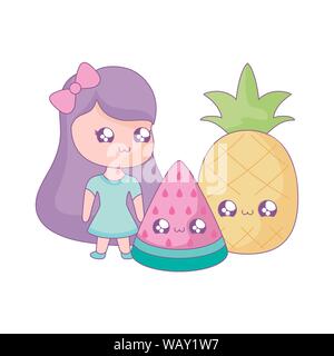 Süße kleine Mädchen mit Früchten kawaii Stil Vector Illustration Design Stock Vektor