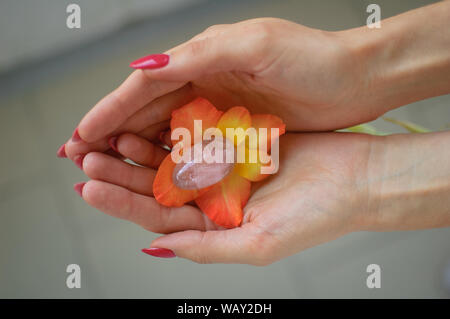 Weibliche hand mit roten Maniküre Holding transparent violett Amethyst yoni Ei für vumfit, imbuilding oder Meditation in Orange und Gelb gladiolus Stockfoto