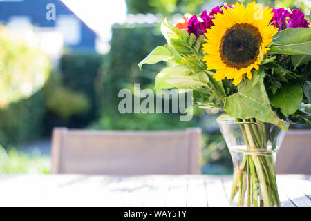 Bunte helle Sonnenblumen in Vase in einem grünen Garten auf Holztisch. Selektive konzentrieren. Stockfoto