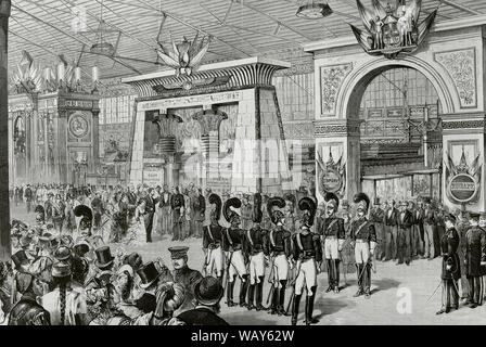 Unided States. Weltausstellung in Philadelphia, 1876. Offiziell die Internationale Ausstellung von Kunst, produziert und die Produkte des Bodens und Grube benannt. Die Centennial International Exhibition von 1876 wurde in Philadelphia, Pennsylvania, ab Mai 10. bis 10. November 1876 stattfand, das 100-jährige Jubiläum der Unterzeichnung der Unabhängigkeitserklärung in Philadelphia zu feiern. Es wurde im Fairmount Park entlang der Schuykill River am Messegelände von Herman J. Schwarzmann. Eröffnung der Ausstellung am 10. Mai. Präsident Ulysses Grant, seine Frau und die Kaiser von Brasilien, t Stockfoto