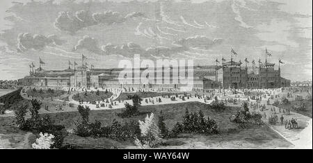 Unided States. Weltausstellung in Philadelphia, 1876. Offiziell die Internationale Ausstellung von Kunst, produziert und die Produkte des Bodens und Grube benannt. Die Centennial International Exhibition von 1876 wurde in Philadelphia, Pennsylvania, ab Mai 10. bis 10. November 1876 stattfand, das 100-jährige Jubiläum der Unterzeichnung der Unabhängigkeitserklärung in Philadelphia zu feiern. Es wurde im Fairmount Park entlang der Schuykill River am Messegelände von Herman J. Schwarzmann. Die Maschinenhalle, Panoramaaussicht. Gravur. La Ilustracion Española y Americana, 15. Juni 1876. Stockfoto