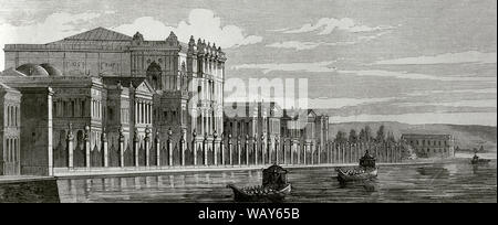 Osmanische Reich. Die Türkei. Konstantinopel. Dolmabahçe-Palast. Der Bau wurde von Sultan Abdülmecid I., und unterstützungspfeiler zwischen 1843 und 1856 über die europäische Küste der Straße von Istanbul bestellt. Das Projekt wurde von den Architekten Garabet Balyan, Nigogayos Balyan und Evanis Kalfa realisiert. Nördliche Flügel (Harem - ich Humayun, den Harem), privater Wohnbereich für den Sultan und seine Familie. Blick auf den Bosporus. Gravur. La Ilustracion Española y Americana, 22. Juni 1876. Stockfoto