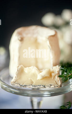 Traditionelle französische Ziegenkäse Saint-Maure-de-Touraine auf hohem Standfuß aus Glas mit Thymian. Russische landwirtschaftliche Produkte. Close Up. Selektive konzentrieren. Stockfoto