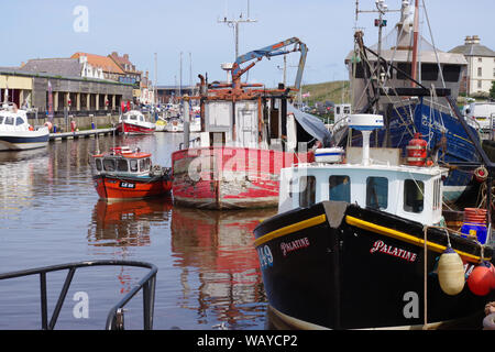 Verschiedene Schiffe in Eyemouth Hafen, einer kleinen Gemeinde im Berwickshire festgemacht, im Bezirk Scottish Borders von Schottland. Stockfoto
