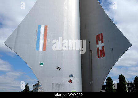 Ein Blick auf Dreilandereck, ein Denkmal in Basel, markiert er die drei Punkt, wo die Grenzen der Schweiz, Deutschland und Frankreich. Stockfoto